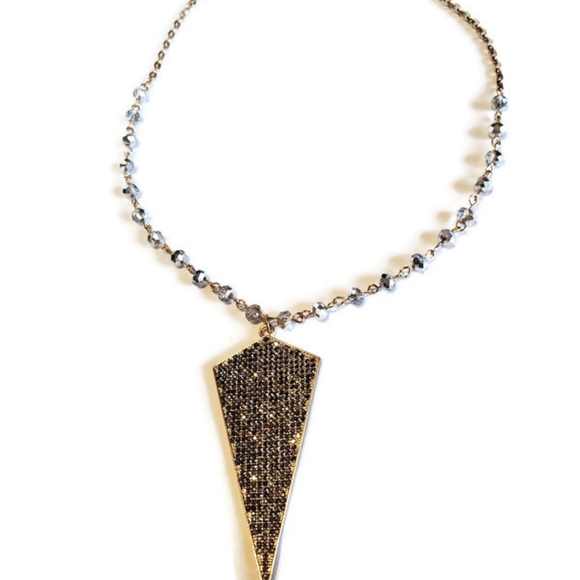 Gold Tone Paved Arrowhead Geometric Pendant On A Chain With Faceted Crystal Bead - Picture 2 of 4